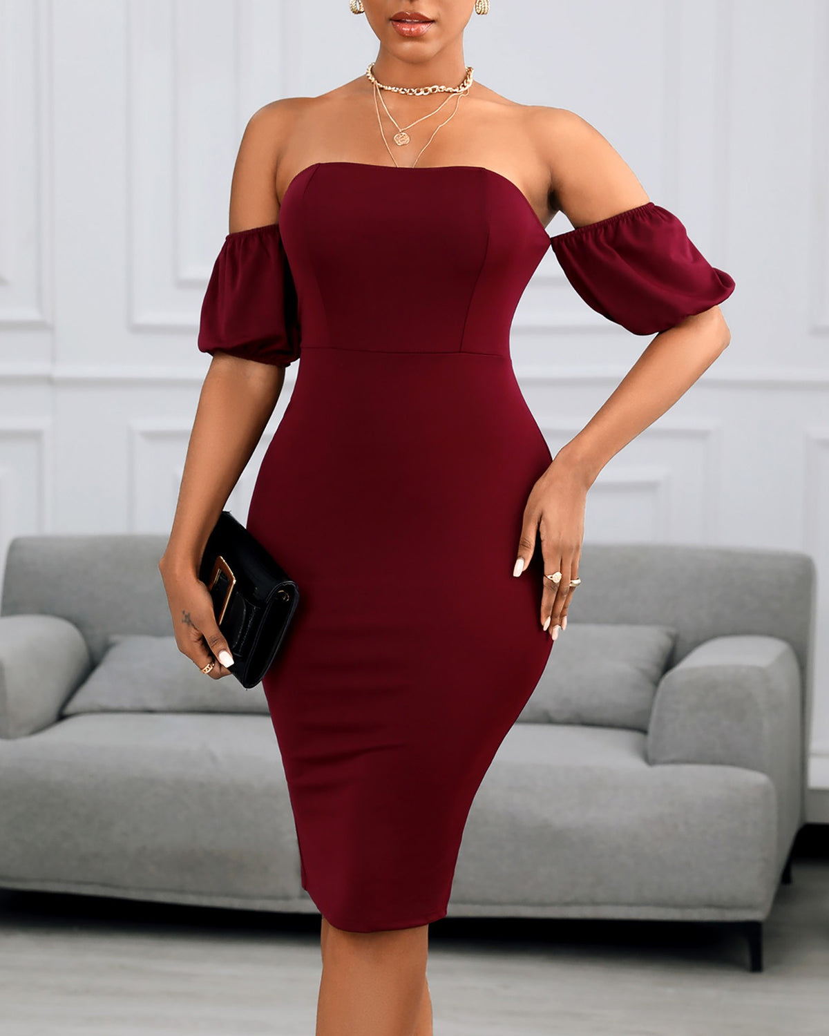 Off Shoulder Plain Zipper Design Back Slit Women Dress