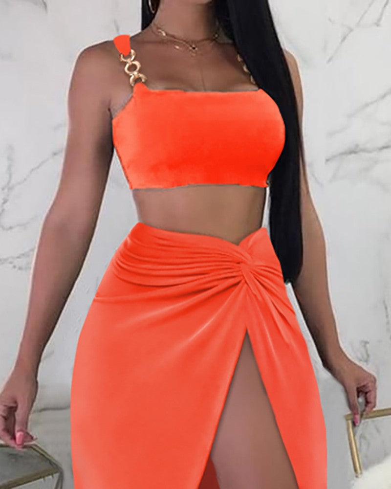 Chain Strap Crop Top & High Slit Twisted Skirt Set