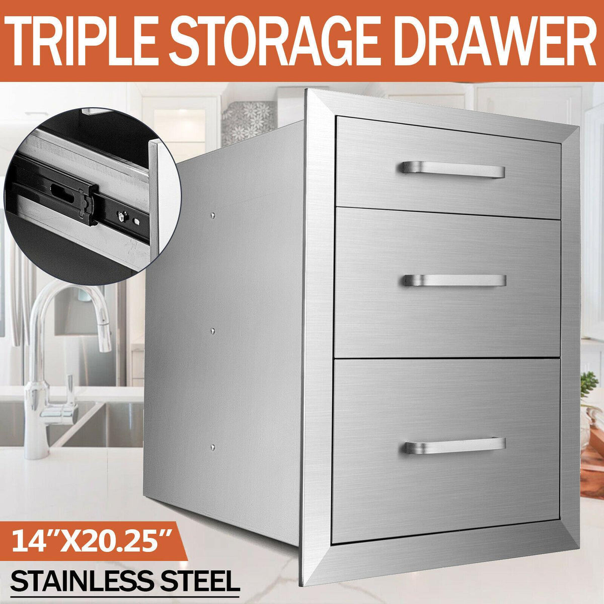 14x23x20 Inch Triple Worktable Stainless Steel Outdoor Kitchen BBQ Access Drawer