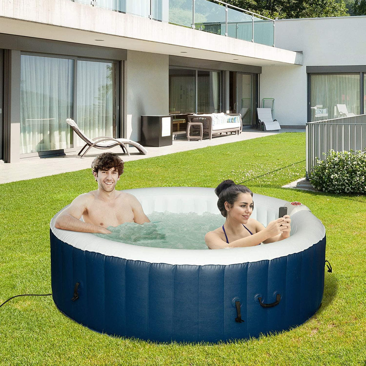 Outsunny 4-6 Person Inflatable Portable Hot Tub Outdoor Round Heated Spa with 130 Jets, Cover, Filter Cartridges, Blue