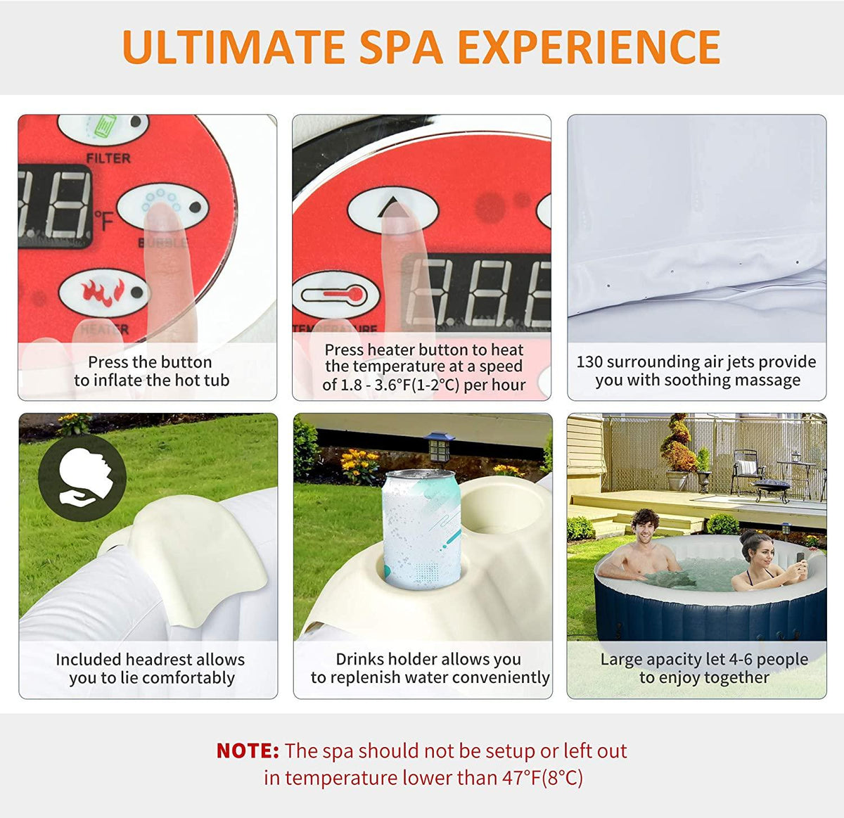 Outsunny 4-6 Person Inflatable Portable Hot Tub Outdoor Round Heated Spa with 130 Jets, Cover, Filter Cartridges, Blue