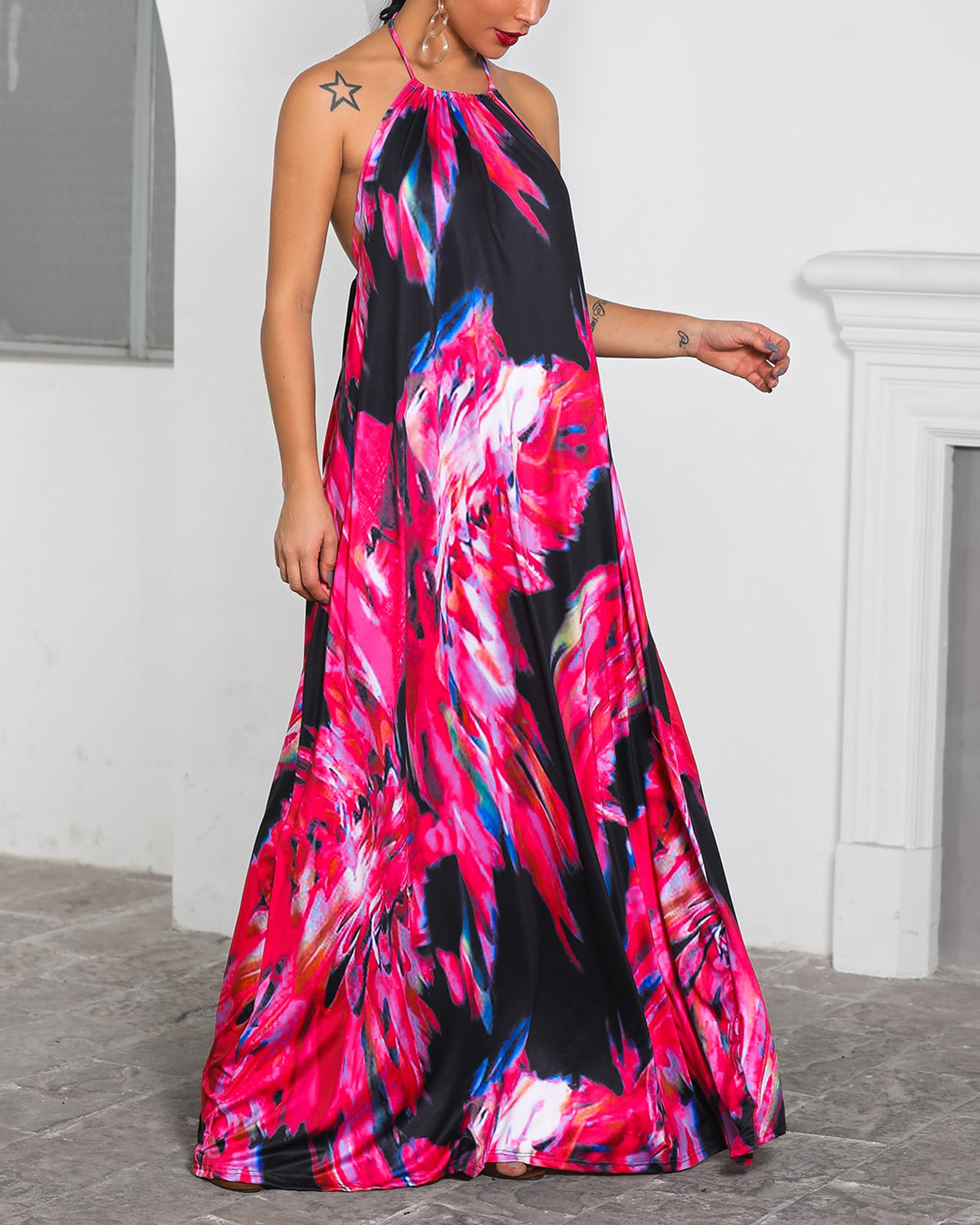Halter Colorful Print Open Back Maxi Dress Sleeveless Casual Dress Holiday