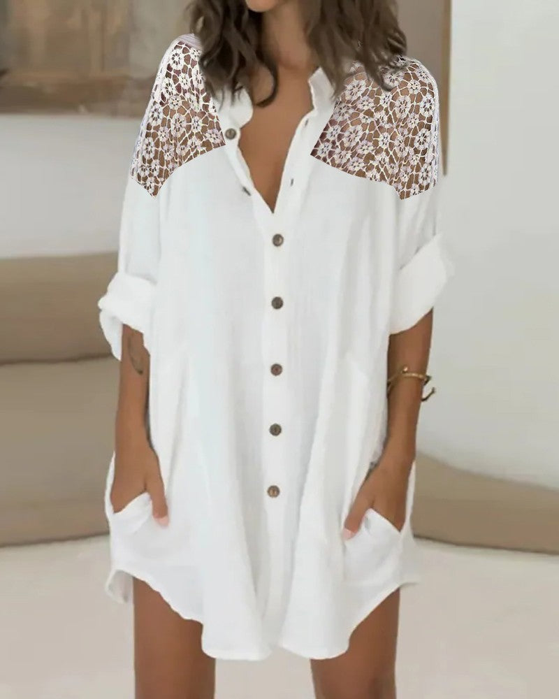Crochet Lace Patch Buttoned Shirt Dress