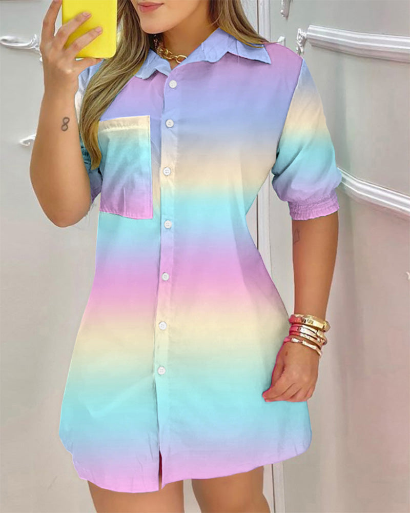 Color Pocket Design Buttoned Shirt Dress