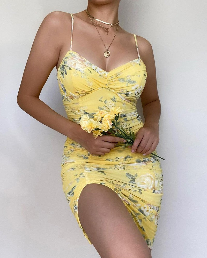 Slit Ruched Floral Print Dress