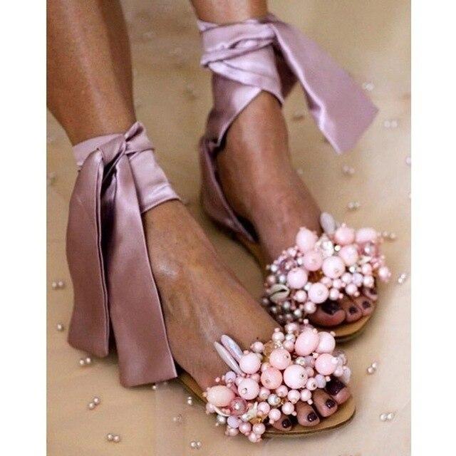 Fashion Women Ankle Strap Beaded Flat Sandals