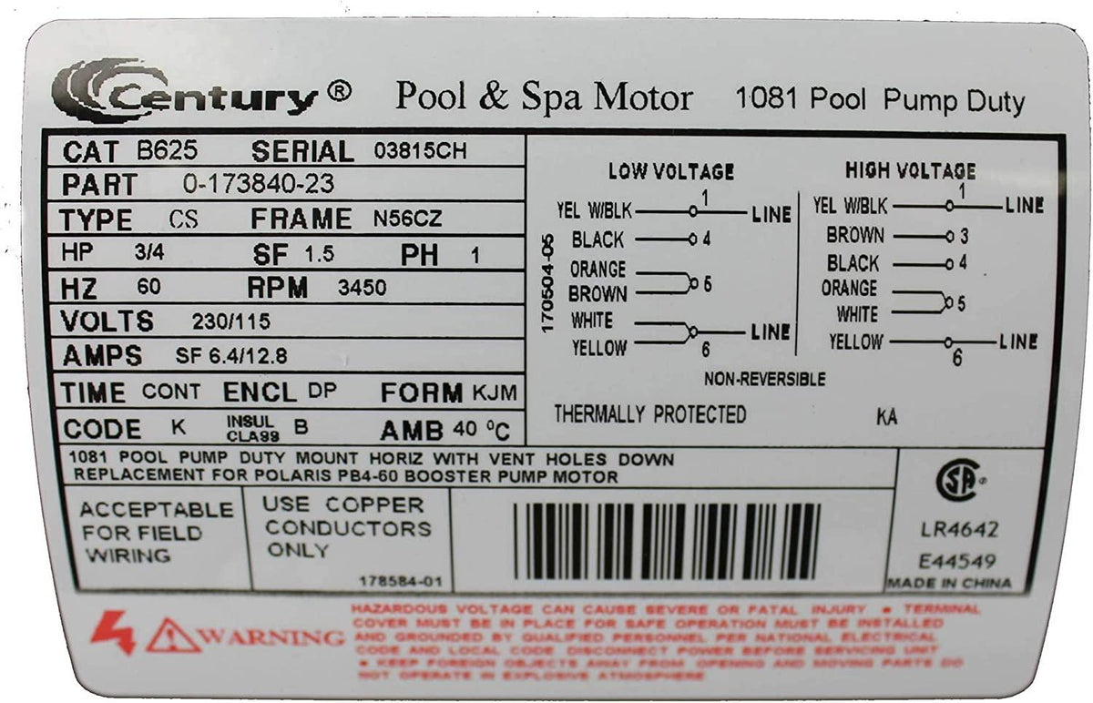 A.O. Smith Century B625 3/4HP 3450RPM 115/230V Polaris PB460 Booster Pump Motor