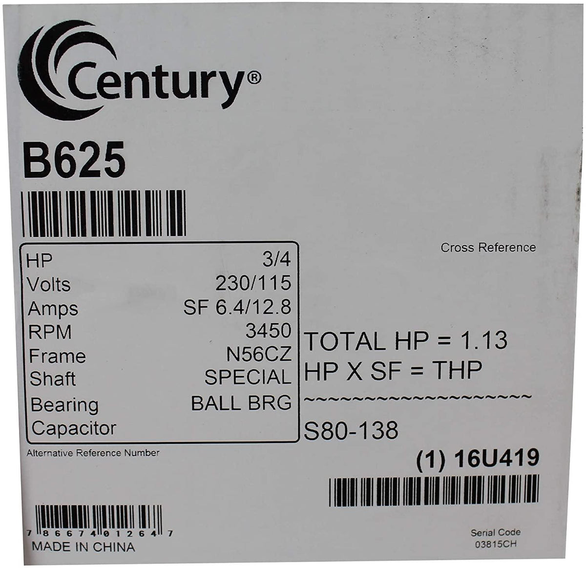 A.O. Smith Century B625 3/4HP 3450RPM 115/230V Polaris PB460 Booster Pump Motor