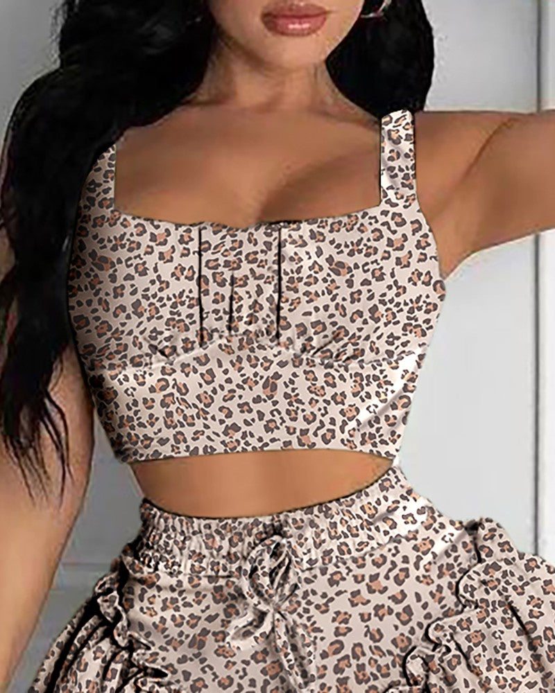 Cheetah Print Top & Drawstring Frill Hem Skirt Set