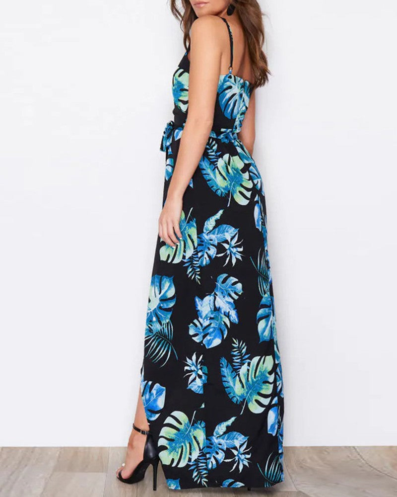 Tropical / Polkadot Print Striped High Slit Maxi Dress