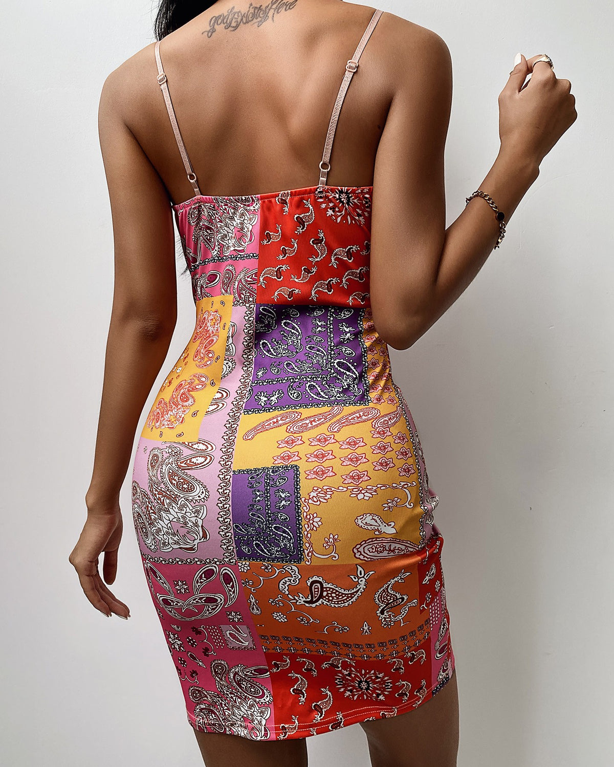 Paisley Print Spaghetti Strap Square Neck Bodycon Dress