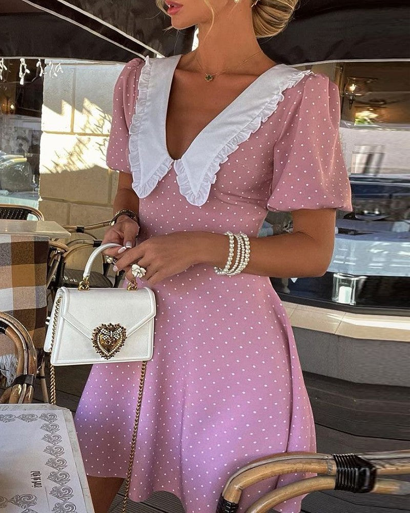 Polka Dot Print Frill Hem Puff Sleeve Dress