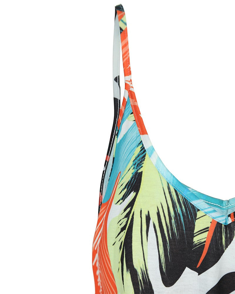 V Neck Dresses Leaf Print Casual Beach Party Swing Dress With Pockets