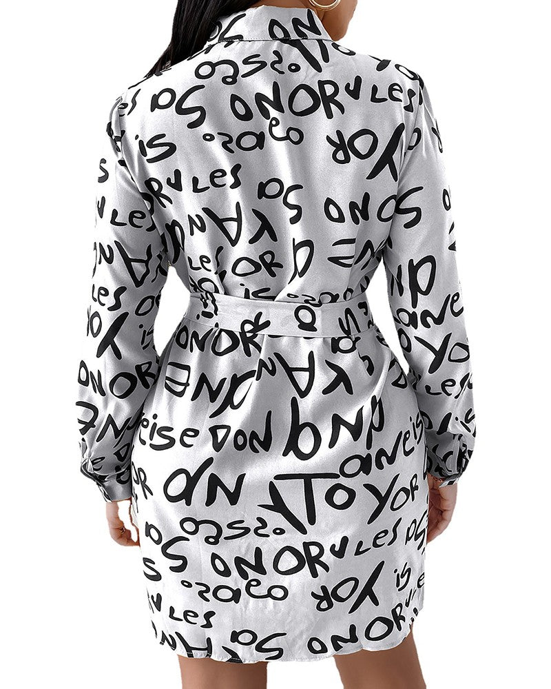 Long Sleeve Letter Print Button Design Shirt Dress