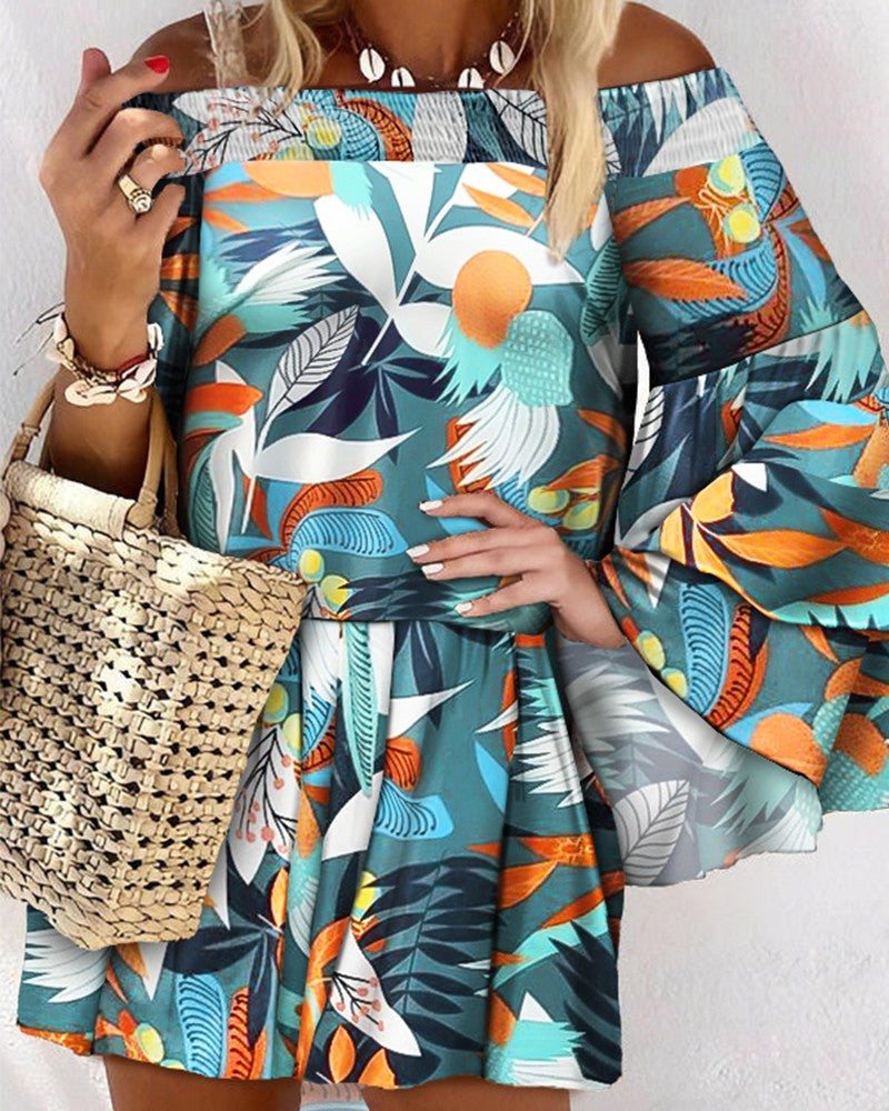 Off Shoulder Shirred Bell Sleeve Tropical Print Dress