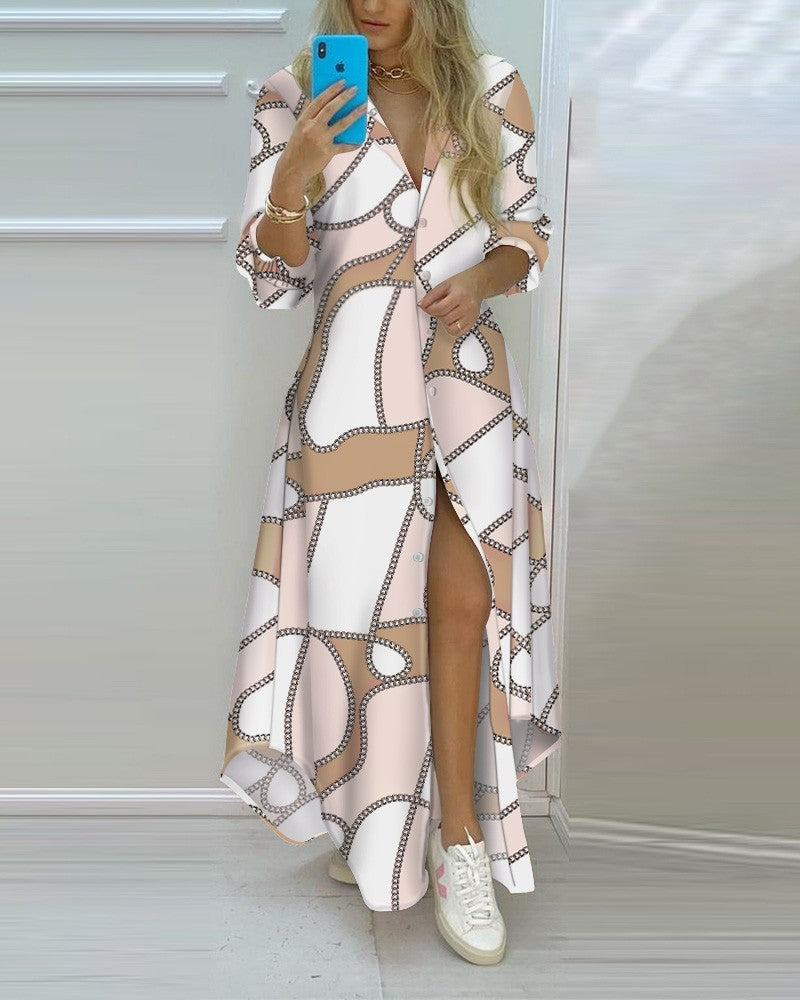 Chain Print Button Front High Slit Shirt Dress