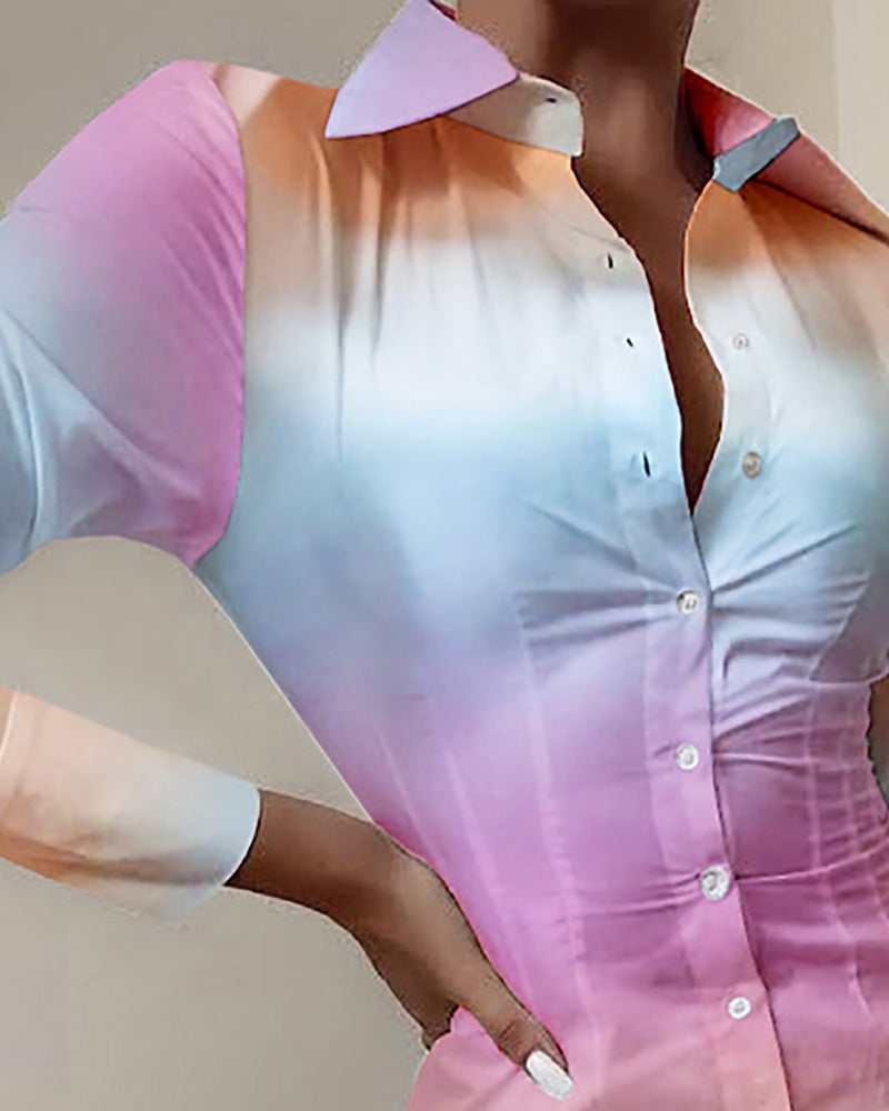 Ombre Color Buttoned ny Shirt Dress