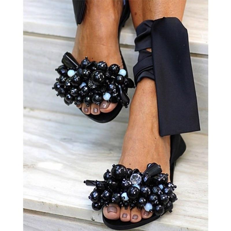 Fashion Women Ankle Strap Beaded Flat Sandals