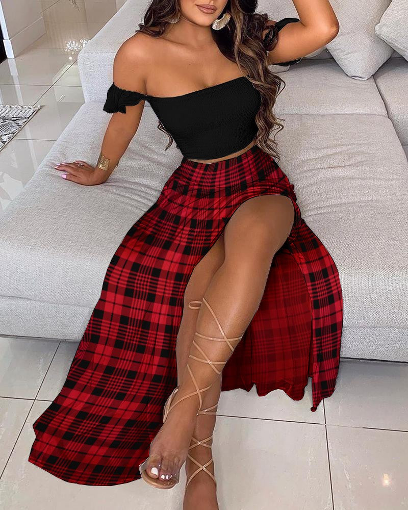 Off Shoulder Crop Top & High Slit Plaid Maxi Skirt Set