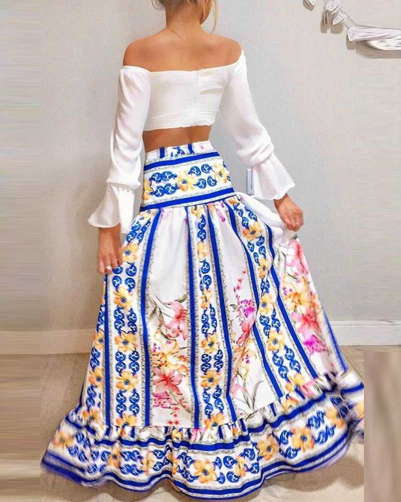 Off Shoulder Notched Flared Sleeves Crop Top & Floral Print Maxi Skirt Set
