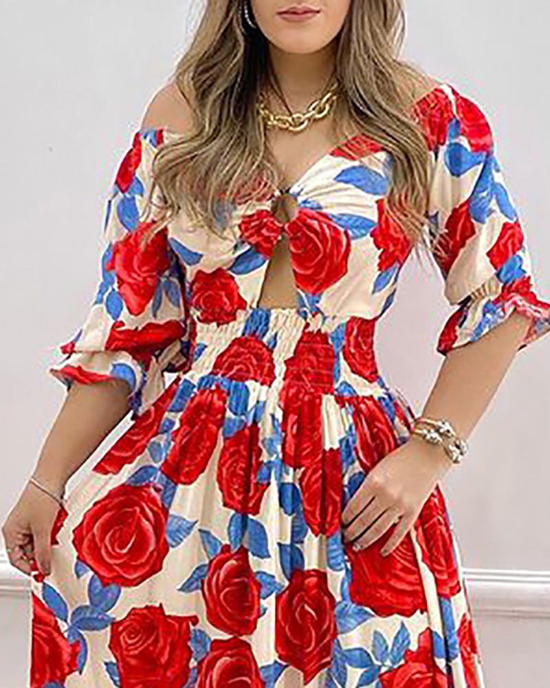 Floral Print Cutout Half Sleeve Maxi Dress
