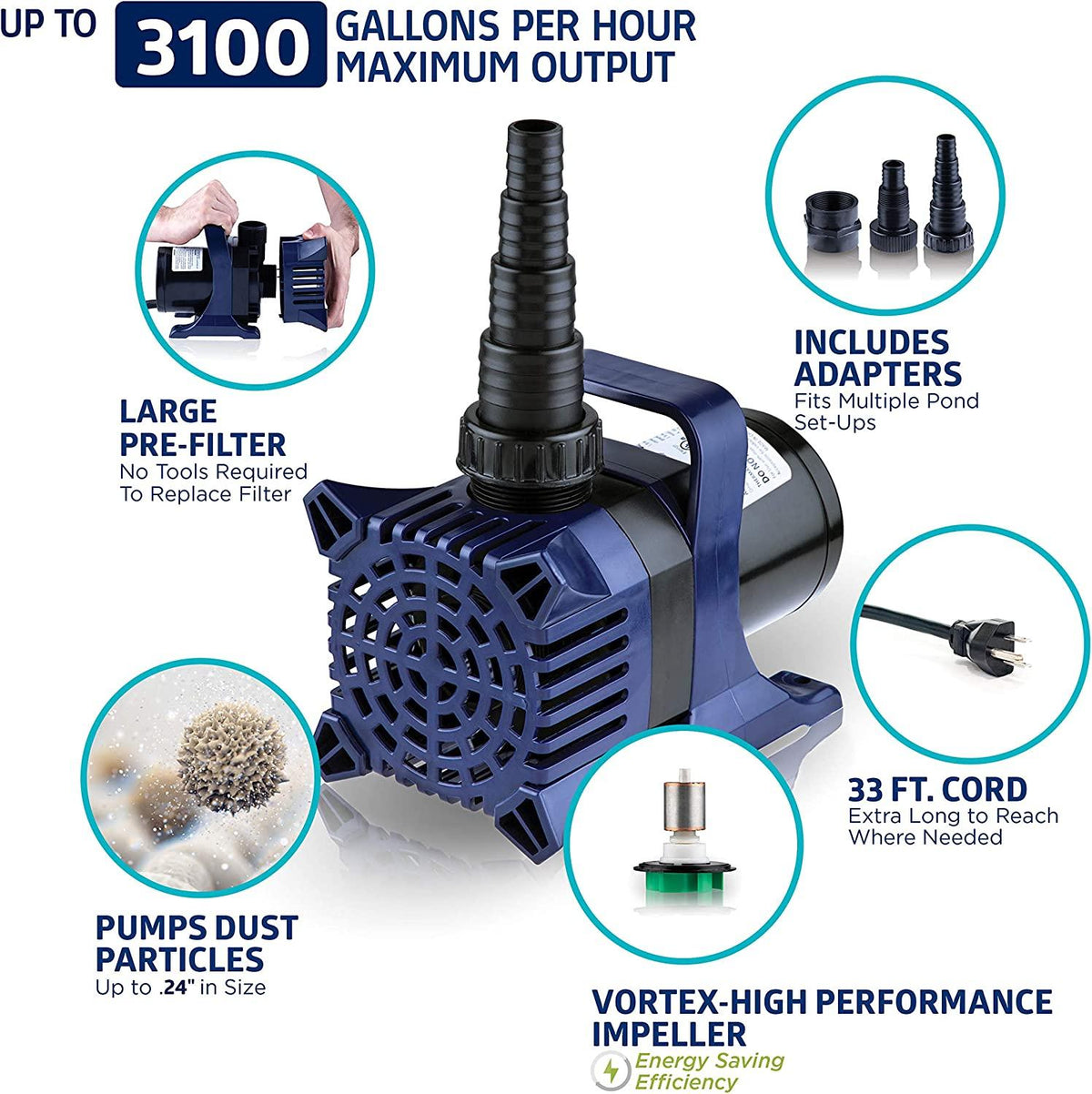 Alpine Corporation Alpine PAL3100 Cyclone Pond Pump-3100 GPH-for Fountains, Waterfalls, and Water Circulation Pump, 10.8"L x 6.1" W x 8.9"H, Black and Blue