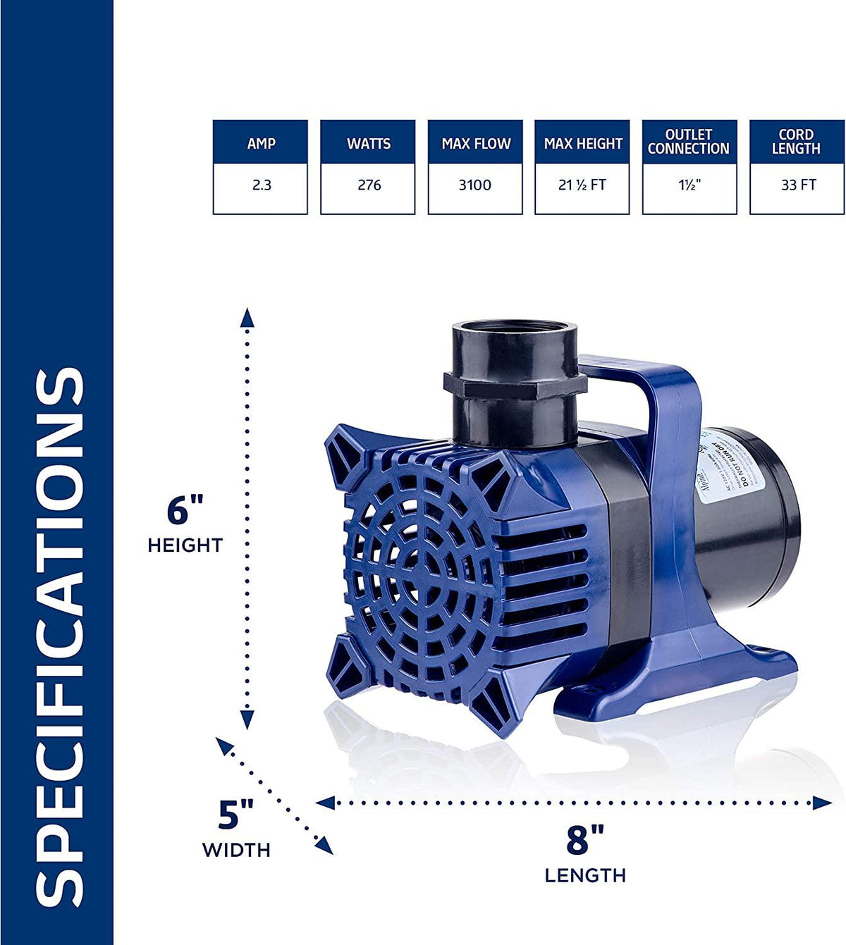 Alpine Corporation Alpine PAL3100 Cyclone Pond Pump-3100 GPH-for Fountains, Waterfalls, and Water Circulation Pump, 10.8"L x 6.1" W x 8.9"H, Black and Blue
