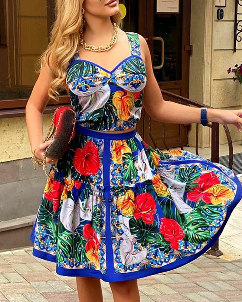 Tropical Print Tank Top & Midi Skirt Set