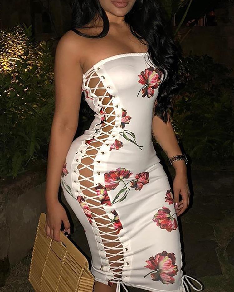 Floral Lace-Up Side Strapless Bodycon Dress