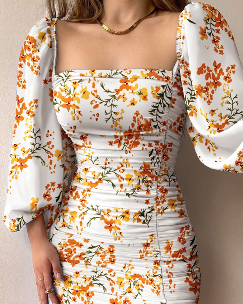 Floral Print Lantern Sleeve Ruched Bodycon Dress