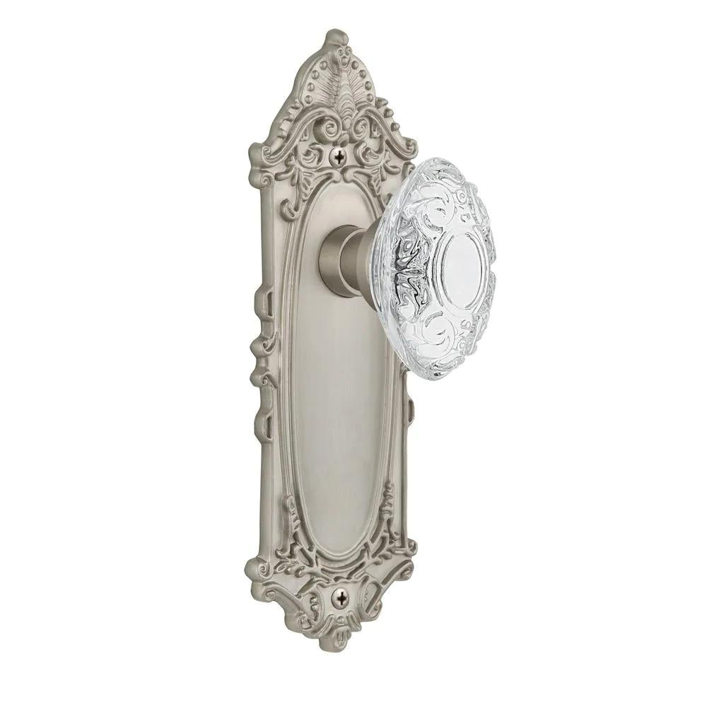 Victorian Plate 2-3/8 in. Backset Satin Nickel Privacy Bed/Bath Crystal Victorian Door Knob