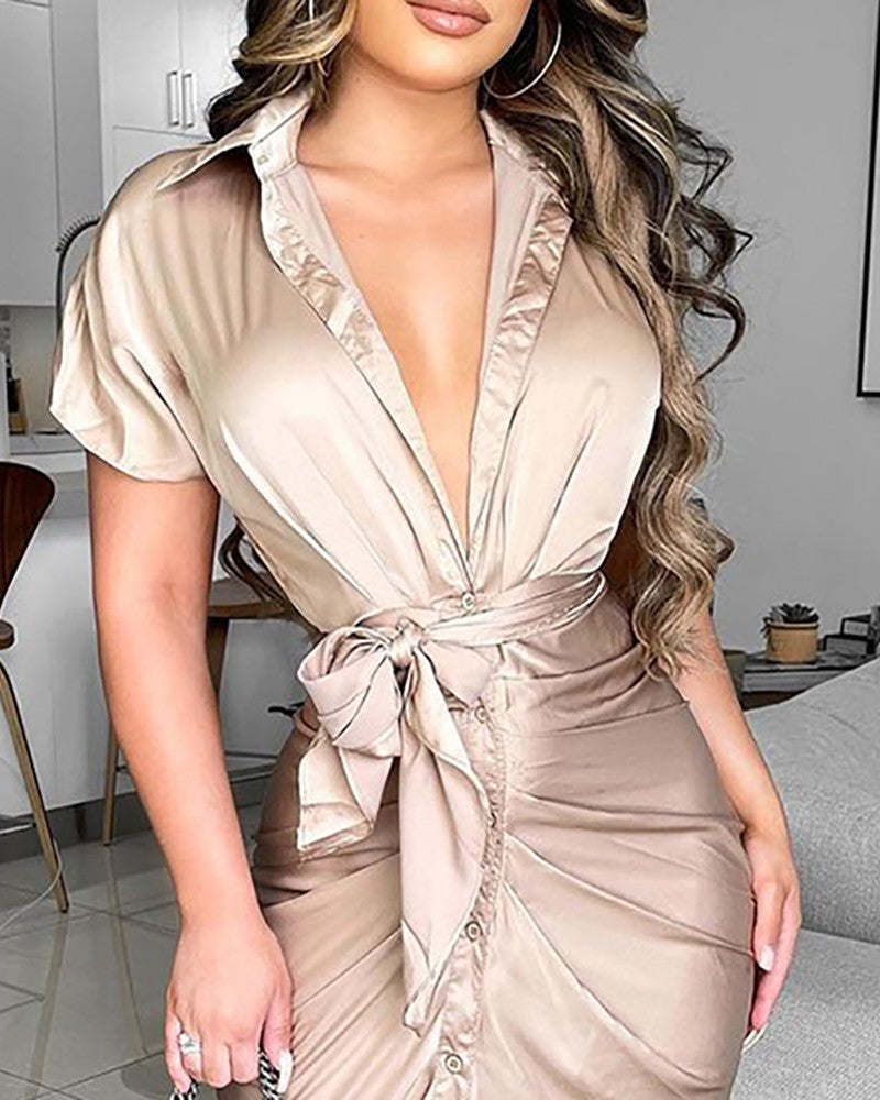 Satin Button Design Tied Detail Ruched Shirt Dress