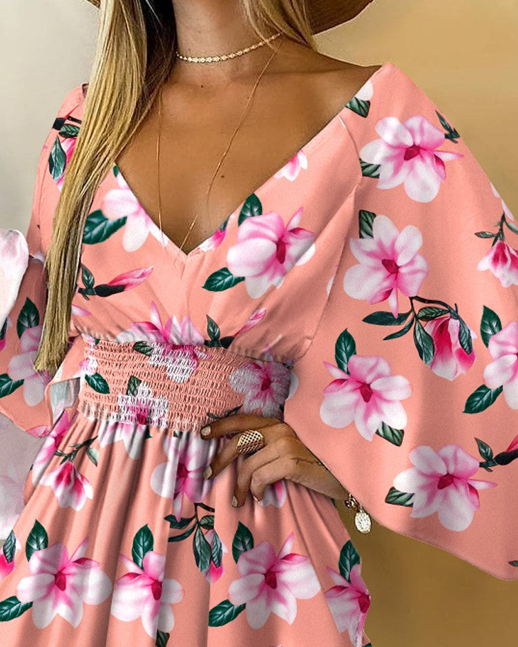 Floral Print V-Neck Batwing Sleeve Shirred Waist Mini Dress