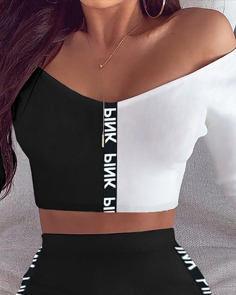 Color Tape Design Long Sleeve Crop Top & High Waist Skirt Sets