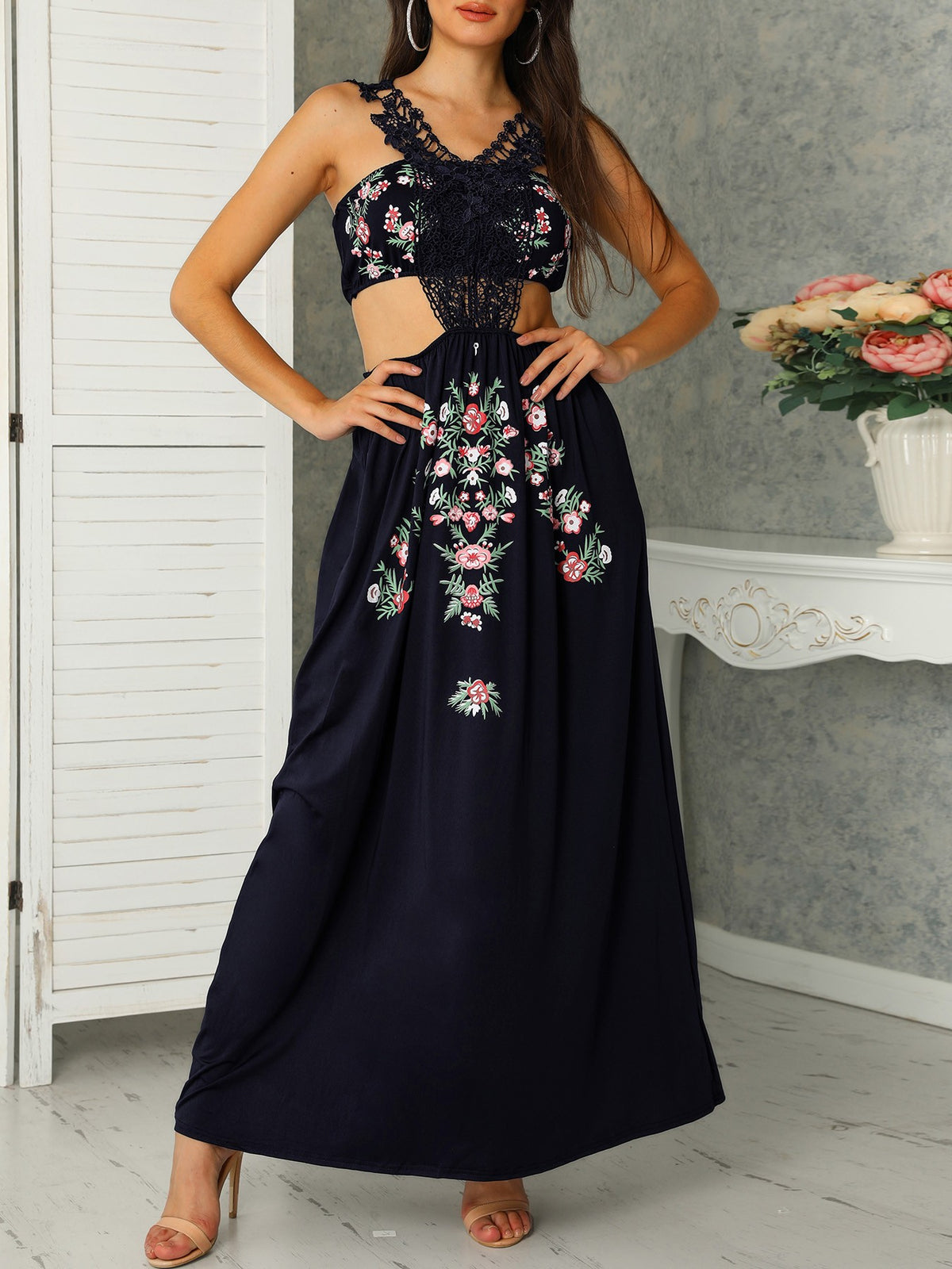 Lace Cut Out Floral Print Pleated Maxi Women Dress