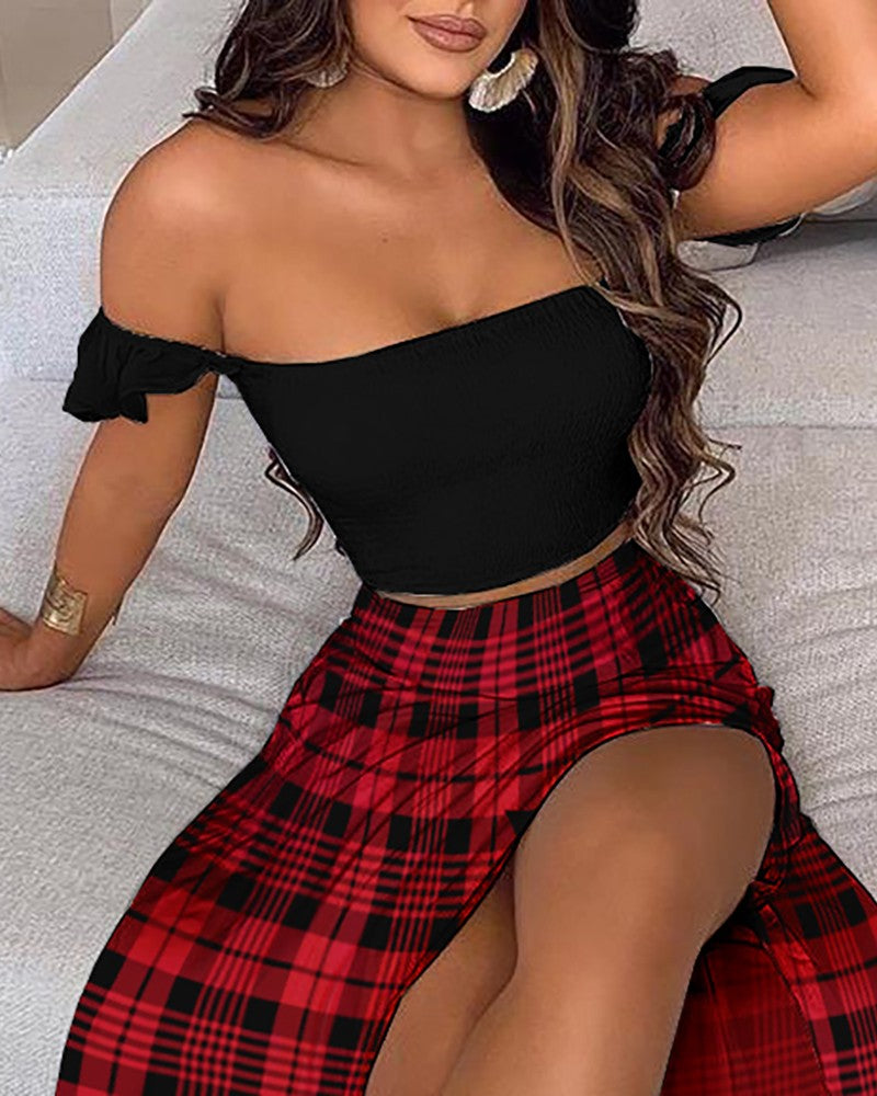 Off Shoulder Crop Top & High Slit Plaid Maxi Skirt Set