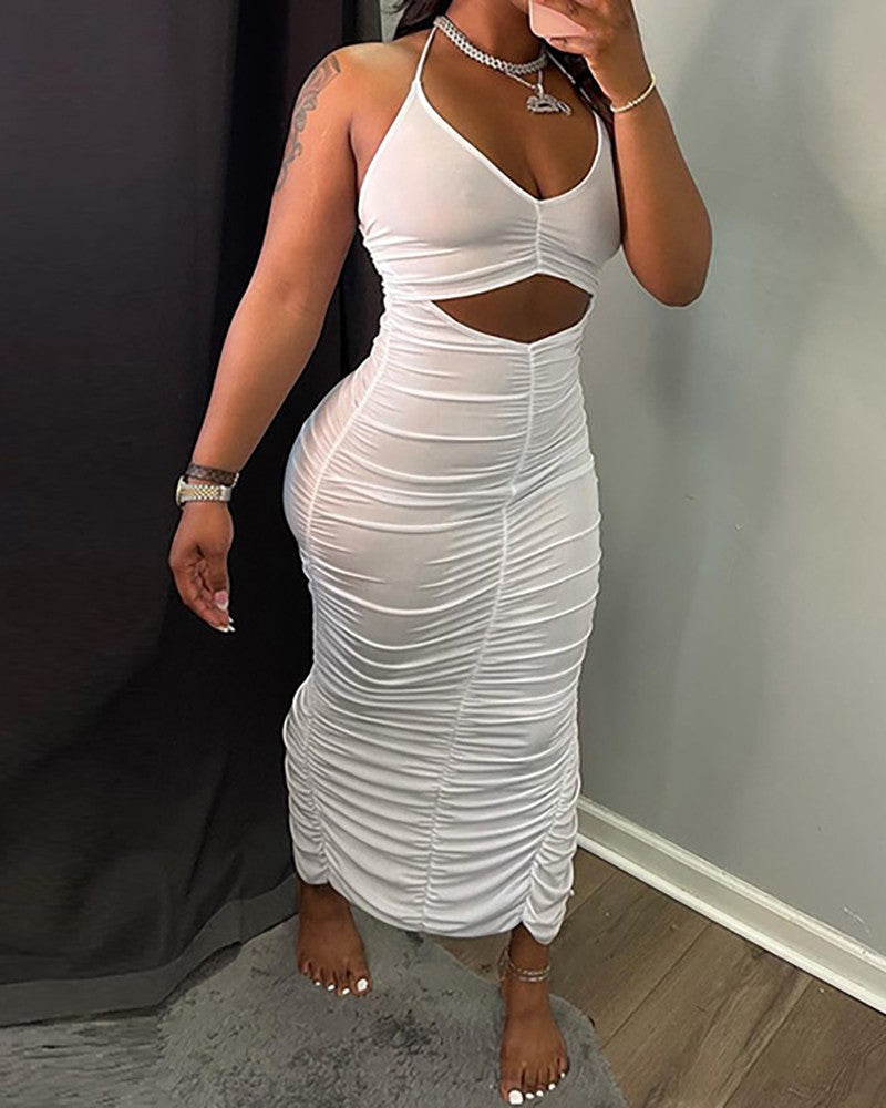 Halter Backless Cutout Ruched Slit Maxi Dress