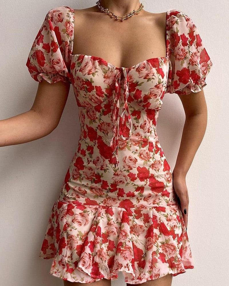 Floral Print Puff Sleeve Ruffle Hem Dress Short Sleeve Summer Dress