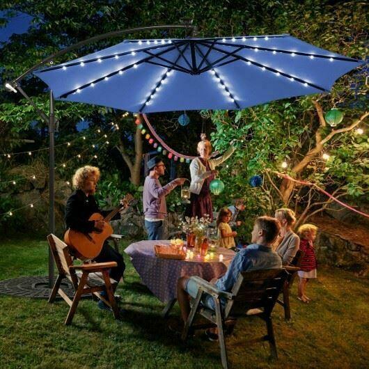 Modern 10 ' Solar LED Offset Umbrella w/40 Lights & Cross Base for Patio-Blue