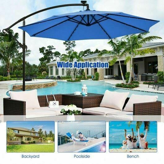 Modern 10 ' Solar LED Offset Umbrella w/40 Lights & Cross Base for Patio-Blue