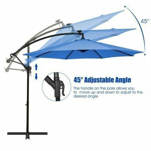 Modern 10 ' Solar LED Offset Umbrella w/40 Lights & Cross Base for Patio-Blue