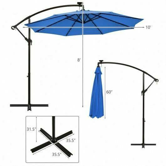 Modern 10 ' Solar LED Offset Umbrella w/40 Lights & Cross Base for Patio-Blue