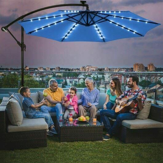 Modern 10 ' Solar LED Offset Umbrella w/40 Lights & Cross Base for Patio-Blue