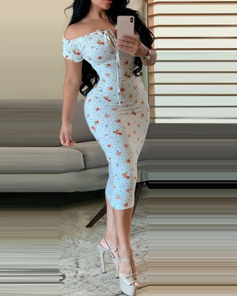 Floral Print Off Shoulder Bodycon Dress