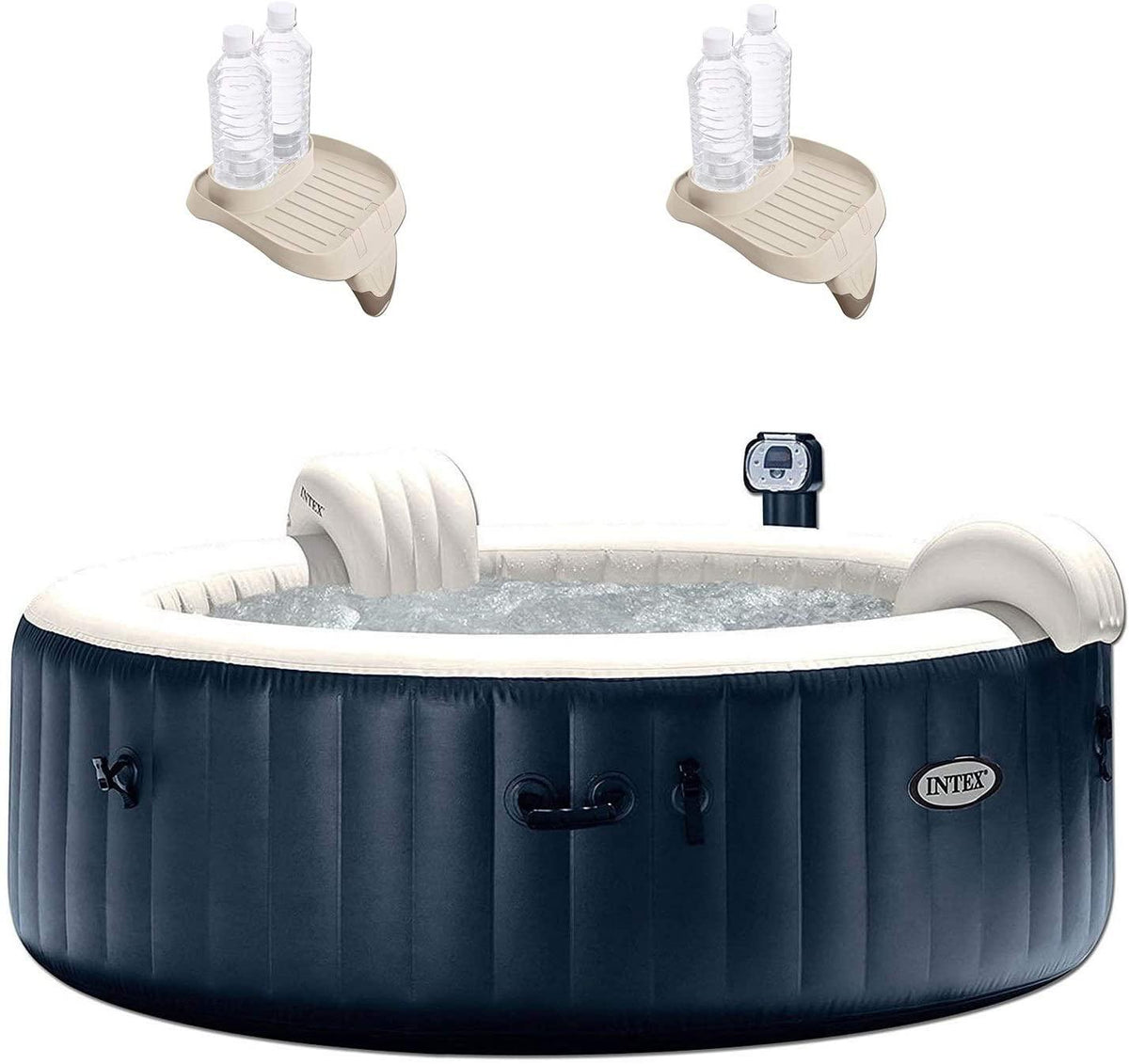 28409E PureSpa 6 Person Home Outdoor Inflatable Portable Heated Round Hot Tub Spa 85-inch x 28-inch with 170 Bubble Jets, Built in Heat Pump, and Drink Cup Holder Refreshment Tray (2 Pack)
