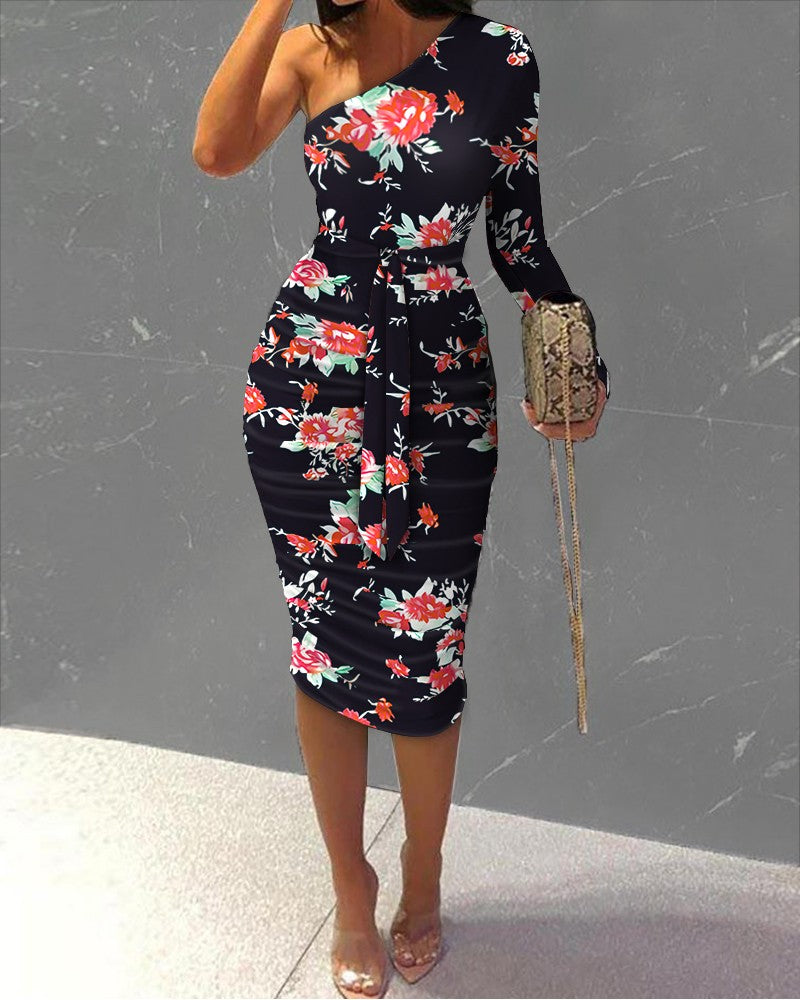 Floral Print One Shoulder Ruched Bodycon Dress Slim Midi Dress Party Dress