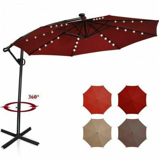 Modern 10FT 360° Rotation Solar Powered LED Patio Offset Umbrella-Burgundy