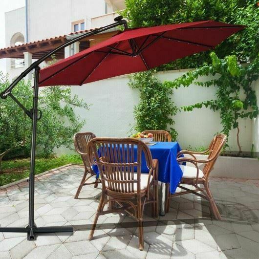 Modern 10FT 360° Rotation Solar Powered LED Patio Offset Umbrella-Burgundy