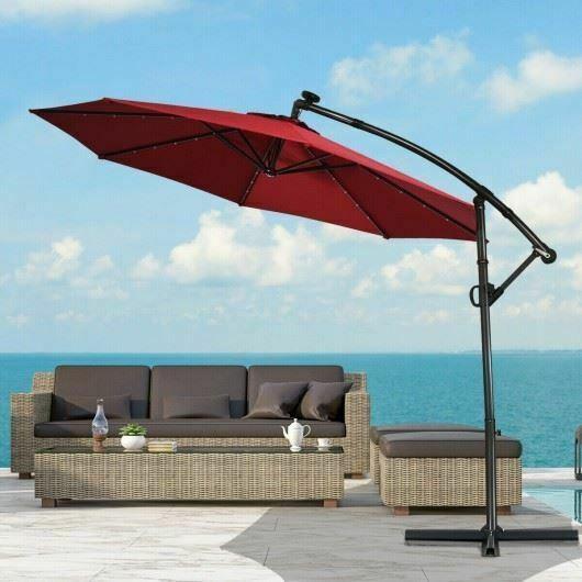 Modern 10FT 360° Rotation Solar Powered LED Patio Offset Umbrella-Burgundy