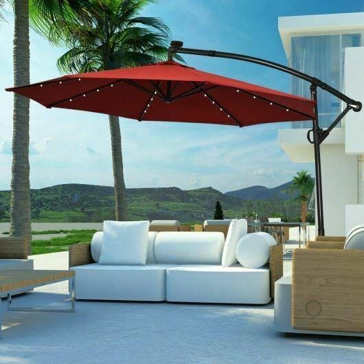 Modern 10FT 360° Rotation Solar Powered LED Patio Offset Umbrella-Burgundy